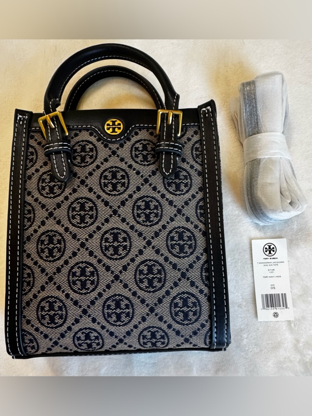 NWT Tory Burch T Monogram Jacquard Mini Tote Navy Crossbody Bag + Strap
